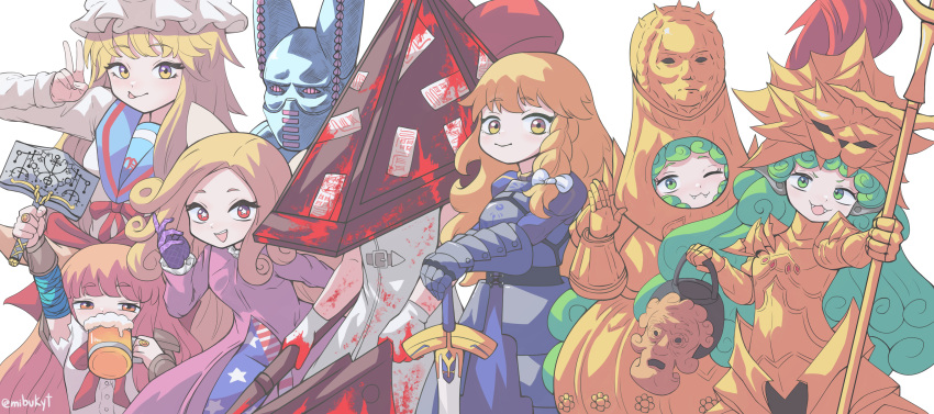 6+girls, absurdres, american_flag_legwear, armor, artoria_pendragon_(fate), beer_mug, blood, blood_stain, bucket, clone, clownpiece, cosplay, costume, costume_request, cup, dirty_deeds_done_dirt_cheap, dragon_slayer_ornstein, dragon_slayer_ornstein_(cosplay), drinking, executioner_smough, executioner_smough_(cosplay), funny_valentine, funny_valentine_(cosplay), hakurei_reimu, halloween, hammer, highres, holding, holding_bucket, holding_cup, holding_hammer, holding_polearm, holding_sword, holding_weapon, ibuki_suika, kirisame_marisa, komano_aunn, mibukyt, mug, multiple_girls, polearm, pyramid_head, pyramid_head_(cosplay), saber_(fate), saber_(fate)_(cosplay), stand_(jojo), star-shaped_pupils, star_(symbol), sword, symbol-shaped_pupils, touhou, weapon, yakumo_yukari