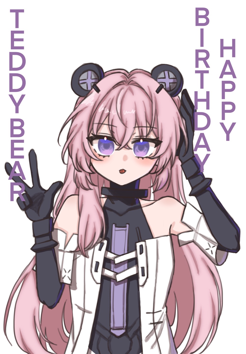1girl, animal_ears, bare_shoulders, bear_ears, black_bodysuit, blue_eyes, bodysuit, character_name, coat, crossed_bangs, gradient_eyes, happy_birthday, headgear, highres, long_hair, mechanical_arms, mechanical_ears, multicolored_eyes, pink_eyes, pink_hair, punishing:_gray_raven, sidelocks, solo, teddy_(pgr), tongue, tongue_out, white_background, white_coat, yashiro_071027