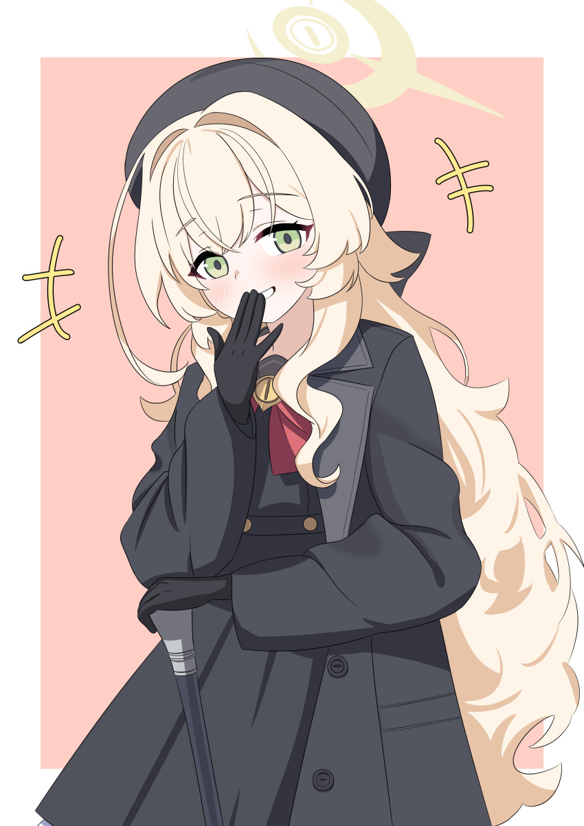 1girl, absurdres, blonde_hair, blue_archive, blush, border, cane, coat