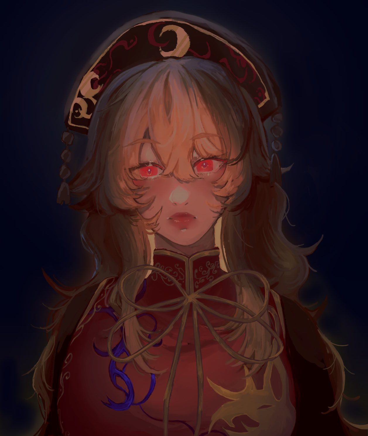 1girl, black_background, black_dress, black_hat, breasts, chinese_clothes, closed_mouth, crescent