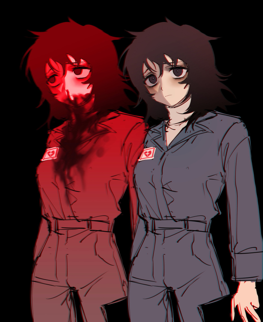 1girl, absurdres, afterimage, anya_(mouthwashing), black_background, black_eyes, black_hair, blood, blood_on_clothes, blood_on_face, blue_jumpsuit, closed_mouth, commentary, cowboy_shot, frown, hashtag-only_commentary, highres, hkvdqg17biqipvm, jumpsuit, long_sleeves, looking_at_viewer, looking_to_the_side, medium_hair, mouthwashing, nosebleed, simple_background