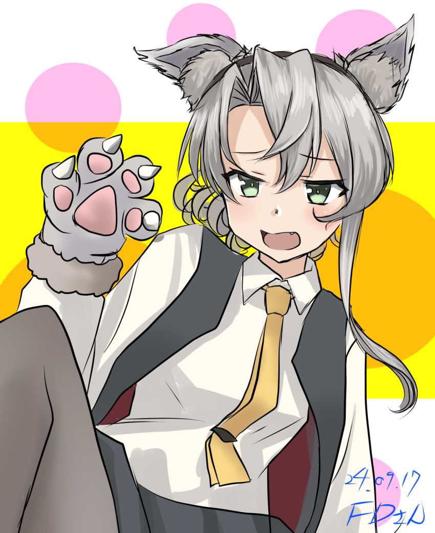 1girl, adapted_costume, alternate_sleeve_length, animal_hands, artist_name, asymmetrical_hair, collared_shirt, dated