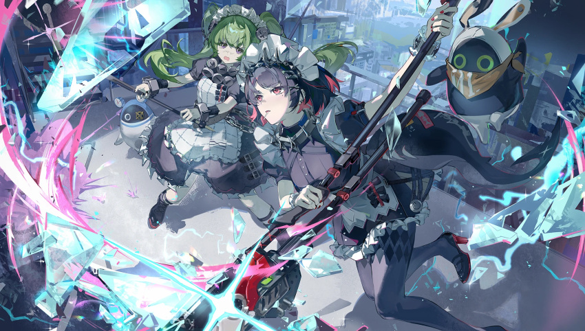 2girls, bangboo_(zenless_zone_zero), black_hair, black_pantyhose, cityscape, colored_inner_hair, corin_wickes, ellen_joe