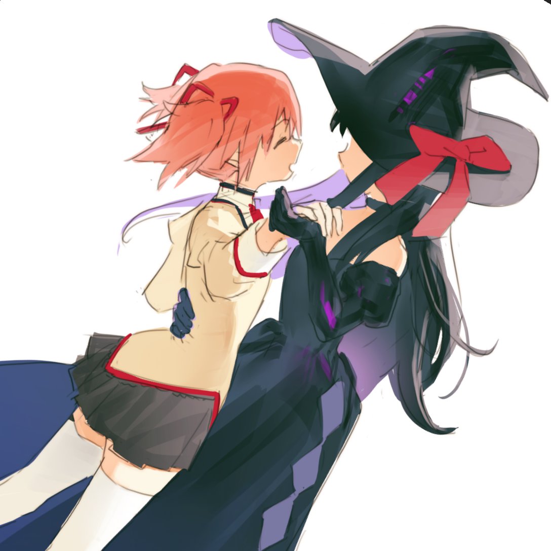 2girls, akemi_homura, argyle_clothes, argyle_dress, bare_shoulders, black_dress, black_gloves, black_hair