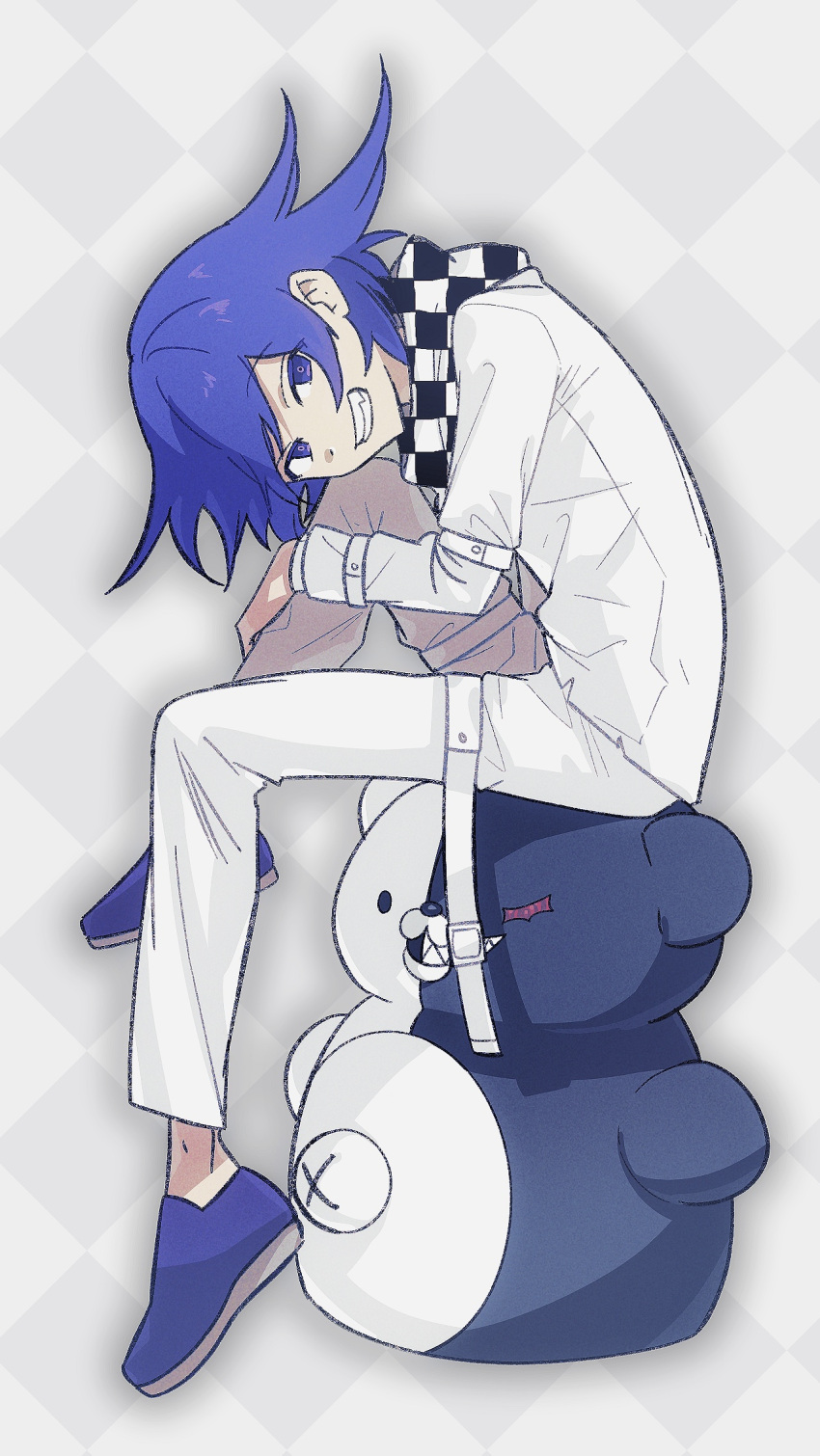 1boy, arm_belt, checkered_background, checkered_clothes, checkered_scarf, colored_eyelashes, commentary_request, danganronpa_(series)