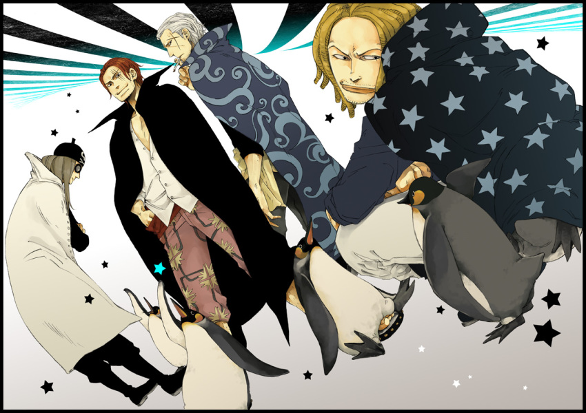 benn_beckman, bird, cigarette, facial_hair, hat, ishikoronbo, limejuice_(one_piece), long_coat, long_hair, male, multiple_boys, one_piece, penguin, red_hair, redhead, scar, shanks_(one_piece), short_hair, smoking, sunglasses, white_hair, yasopp