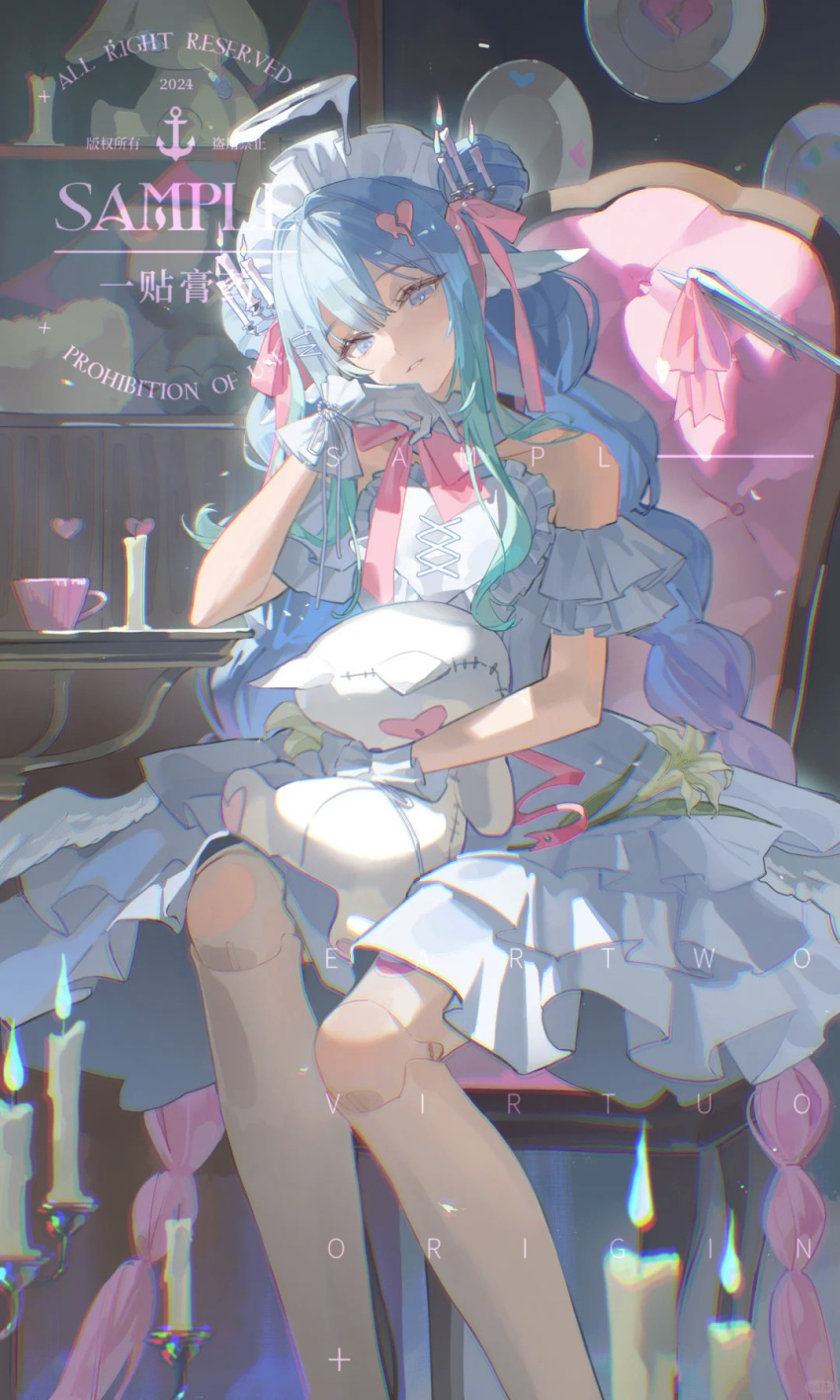 1girl, absurdly_long_hair, angel_wings, bare_shoulders, blue_eyes, blue_hair, bored, bow