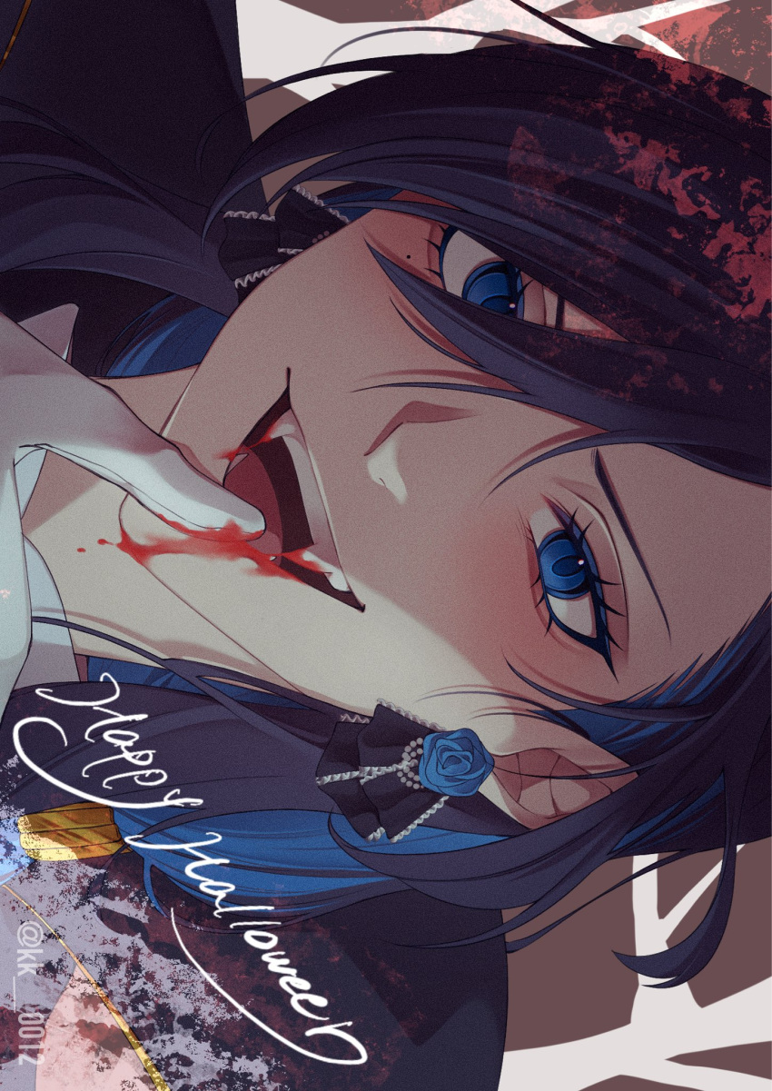 1girl, ado_(utaite), black_hair, blood, blood_on_teeth, blue_eyes, blue_hair, chando_(ado)