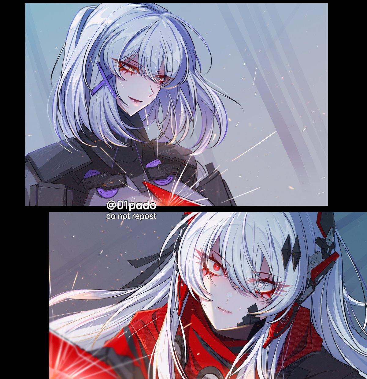 01pado_pado, 2girls, alpha_(pgr), bandaid, bandaid_on_cheek, bandaid_on_face, grey_eyes, grey_hair