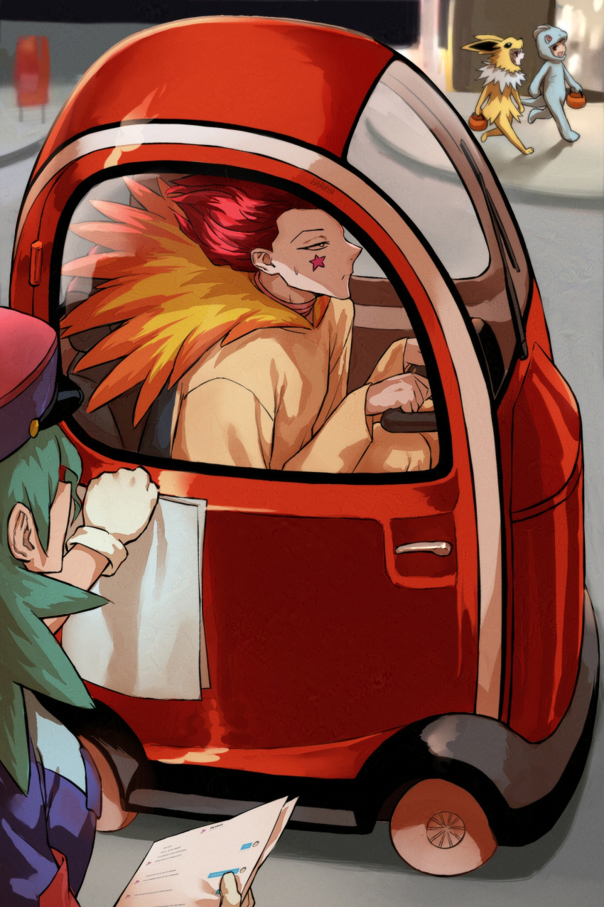 1girl, 2024_pokemon_teraleak, 3boys, basket, black_hair, car, cosplay, crossover, driving, facial_mark, gloves, gon_freecss, green_hair, hair_slicked_back, halloween, haraya_manawari, highres, hisoka_morow, holding, holding_basket, hunter_x_hunter, jenny_(pokemon), jolteon, jolteon_(cosplay), killua_zoldyck, long_hair, machop, machop_(cosplay), motor_vehicle, multiple_boys, outdoors, pokemon, police, police_uniform, policewoman, redhead, road, short_hair, star_(symbol), star_facial_mark, street, trait_connection, typhlosion, typhlosion_(cosplay), walking, white_gloves, white_hair