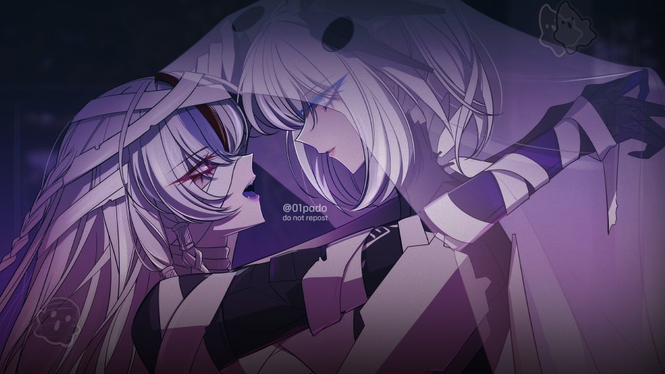 01pado_pado, 2girls, alpha_(pgr), alternate_costume, bandaged_arm, bandages, braid, grey_hair