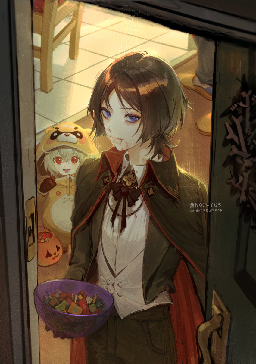 1boy, 1girl, ahoge, alternate_costume, animal_costume, animal_hood, black_bow, black_bowtie