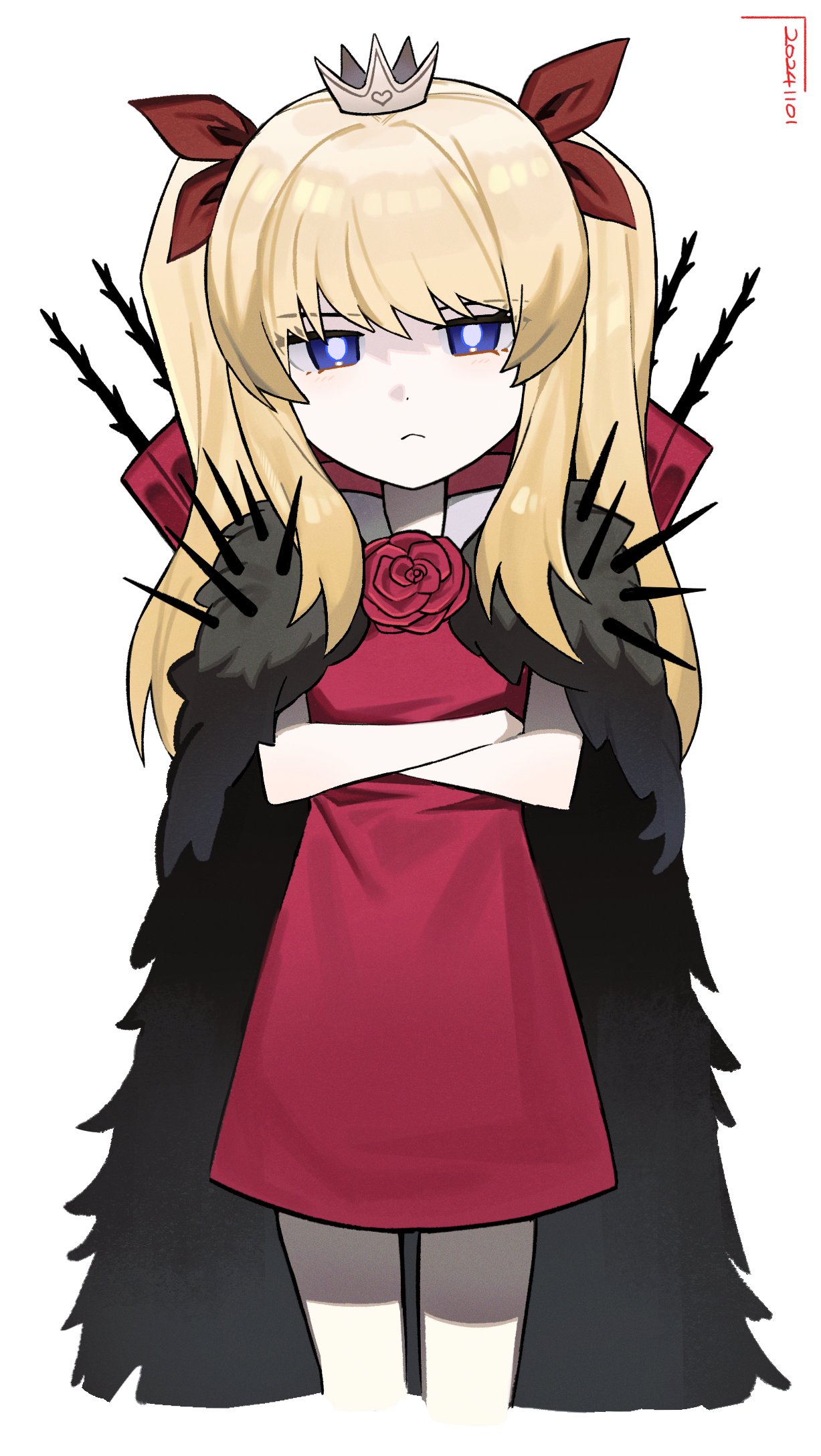 asdf1211950, black_cape, black_souls, black_souls_2, blonde_hair, blue_eyes, bright_pupils, cape, closed_mouth, cropped_legs, crossed_arms, crown, dated, dress, expressionless, flower, fur_cape, hair_between_eyes, hair_ribbon, half-closed_eyes, highres, long_hair, lorina_(black_souls), lorina_liddell_(black_souls), mini_crown, red_dress, red_flower, red_ribbon, red_rose, ribbon, rose, sidelocks, sleeveless, sleeveless_dress, spikes, thorns, twintails, white_background