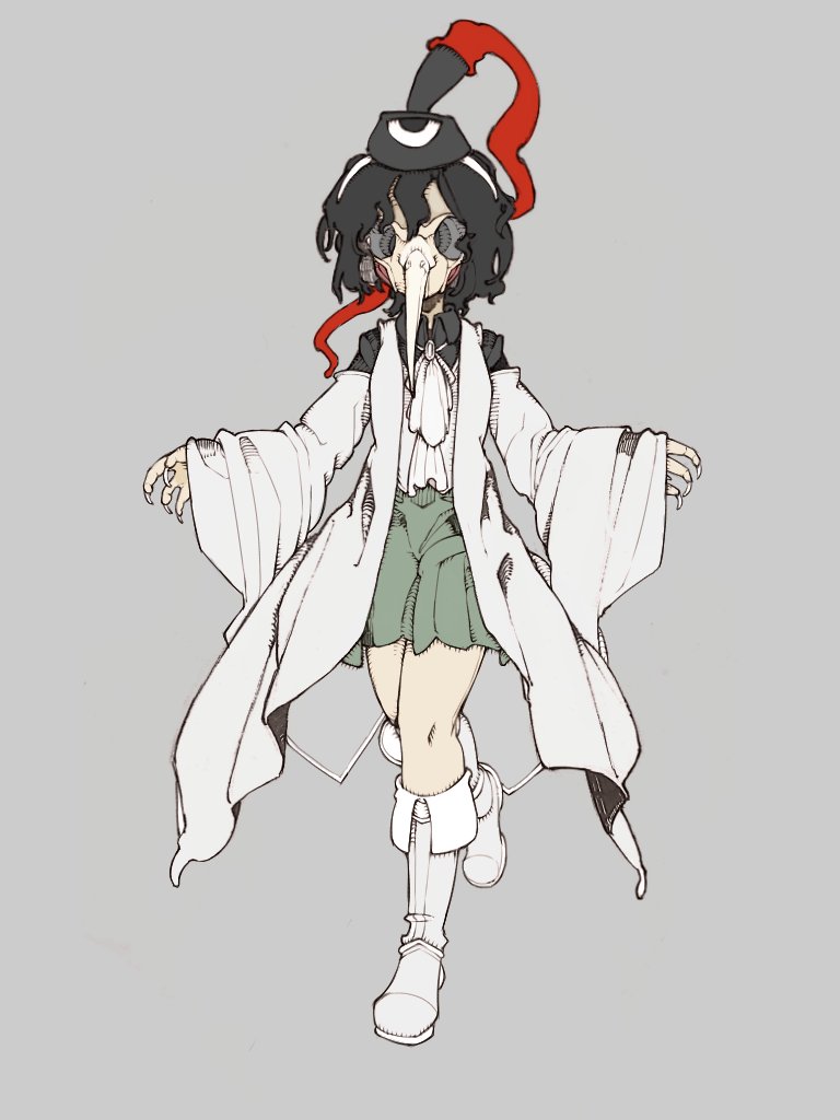 1other, androgynous, ascot, beak, black_hair, black_hat, black_shirt, bolos