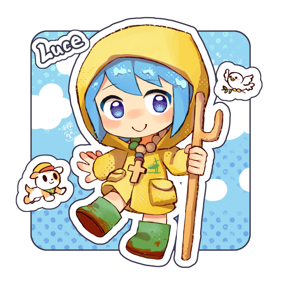 1girl, aura_(jubilee_2025), bandana, baseball_cap, bead_necklace, beads, bird, blue_background
