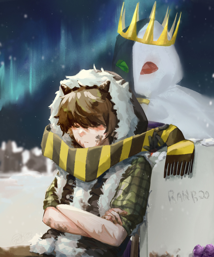 1boy, 1other, adapted_costume, aurora, brown_hair, burn_scar, closed_eyes, commentary