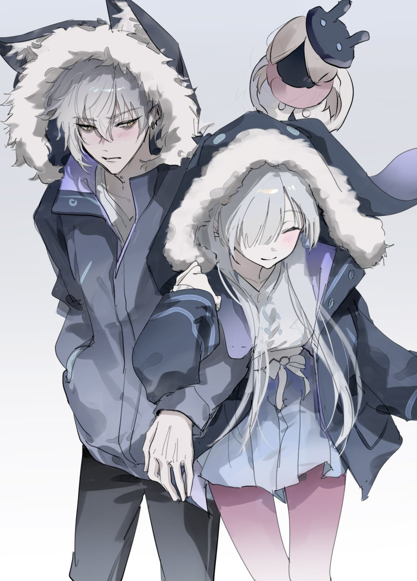 1boy, 1girl, alternate_costume, anastasia_(fate), anastasia_(under_the_same_sky)_(fate), animal_hood, black_jacket, black_pants, blue_skirt, blush, closed_eyes, closed_mouth, cowboy_shot, doll, ear_piercing, earrings, fate/grand_order, fate_(series), fur-trimmed_hood, fur_trim, gamdol_1, gradient_background, grey_background, grey_hair, hair_between_eyes, hair_over_one_eye, hand_in_pocket, hand_up, hetero, highres, hood, hood_up, hooded_jacket, jacket, jewelry, kadoc_zemlupus, locked_arms, long_hair, long_sleeves, looking_at_another, matching_outfits, neck_piercing, open_clothes, open_jacket, pants, pantyhose, piercing, pleated_skirt, rabbit_hood, red_pantyhose, short_hair, simple_background, skirt, sleeves_past_wrists, smile, sweater, viy_(fate), white_sweater, wolf_hood, yellow_eyes