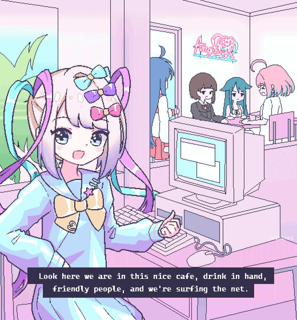5girls, ahoge, asymmetrical_hair, at_computer, blonde_hair, blue_bow, blue_hair, blue_serafuku, bow, brown_hair, cafe, chibikki, choker, chouzetsusaikawa_tenshi-chan, computer_mouse, dithered_background, dress, green_hair, hair_bow, hair_ornament, hairclip, holographic_clothing, idolmaster, idolmaster_cinderella_girls, iwakura_lain, izumi_konata, jaggy_lines, long_hair, looking_at_viewer, lucky_star, monitor, multicolored_hair, multiple_girls, multiple_hair_bows, neckerchief, needy_girl_overdose, pink_bow, pink_choker, pink_hair, pink_neckerchief, quad_tails, red_sailor_collar, ryouou_school_uniform, sailor_collar, saya_(saya_no_uta), saya_no_uta, school_uniform, serafuku, serial_experiments_lain, shirt, single_sidelock, sitting, sundress, t-shirt, very_long_hair, white_dress, window_(computing), x_hair_ornament, yellow_bow, yumemi_riamu