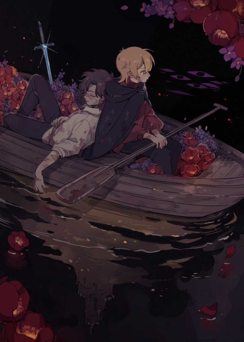 2boys, black_cape, blonde_hair, boat, brown_hair, cape, closed_eyes, commentary