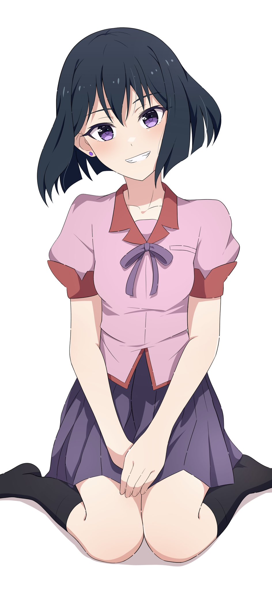 1girl, :d, black_hair, black_socks, blunt_ends, bob_cut, bow, bowtie