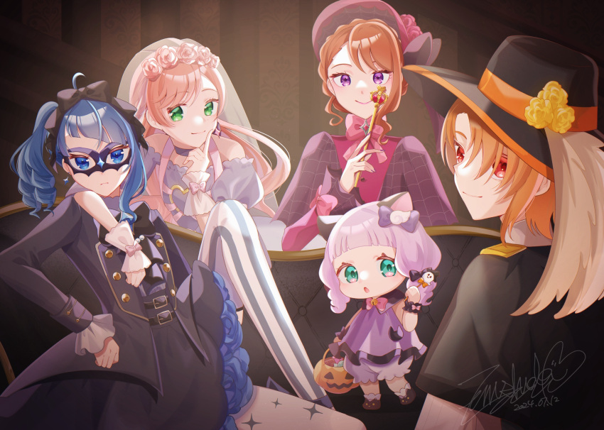 1boy, 4girls, :o, alternate_hairstyle, animal_ears, aqua_eyes, arm_around_neck, artist_name