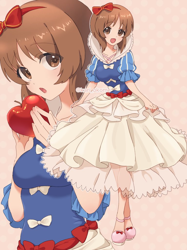 1girl, apple, artist_name, blue_shirt, bow, brown_background, brown_eyes, brown_hair