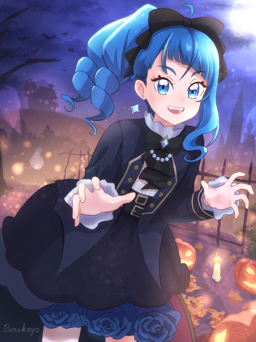 1girl, artist_name, barefoot, bat_(animal), benikoya, black_bow, black_bowtie, black_coat