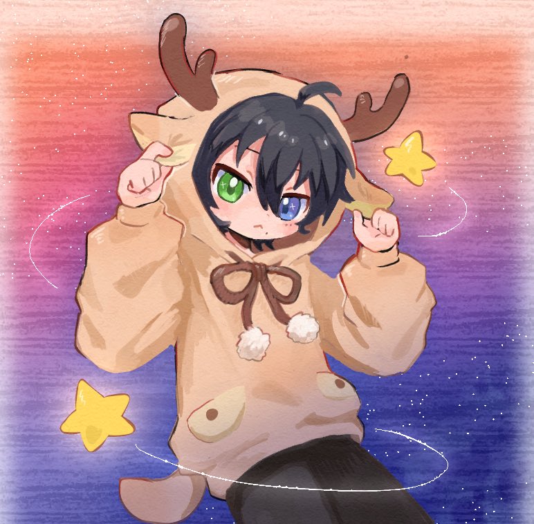 1boy, :<, ahoge, animal_hood, black_hair, black_pants, blue_eyes, blush