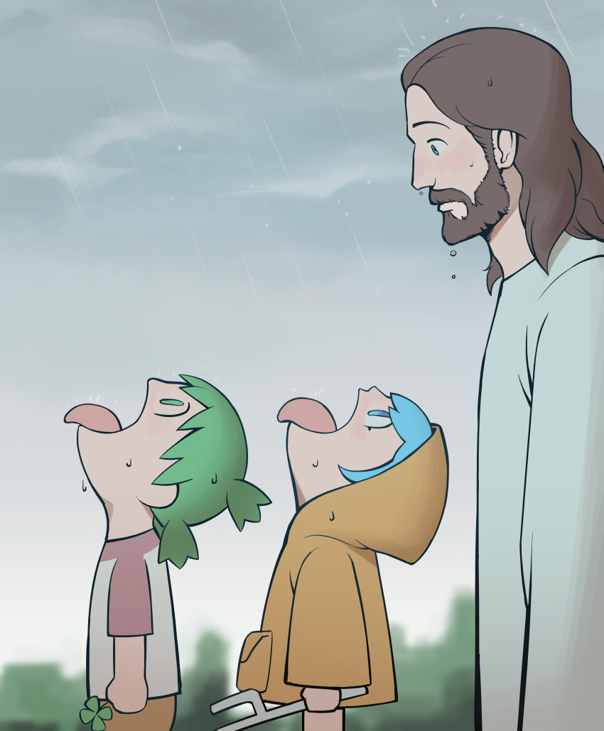 1boy, 2girls, absurdres, beard, blue_eyes, blue_hair, boonie_baby, brown_hair, clover, commentary, crossover, english_commentary, facial_hair, flower, four-leaf_clover, from_side, goku_and_vegeta_in_the_rain_(meme), green_eyes, green_hair, highres, holding, holding_clover, jesus, jubilee_2025, koiwai_yotsuba, looking_back, looking_up, luce_(jubilee_2025), medium_hair, meme, multiple_girls, mustache, open_mouth, overcast, profile, quad_tails, rain, rose, shirt, sky, the_bible, tongue, tongue_out, wet, white_flower, white_rose, white_shirt, yellow_raincoat, yotsubato!