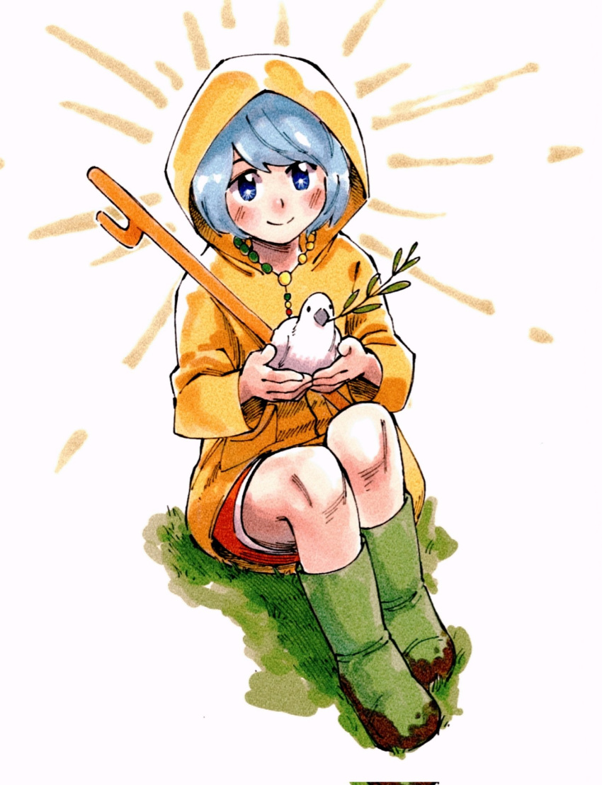 1girl, andony_strawhat, animal, bead_necklace, beads, bird, blue_eyes, blue_hair