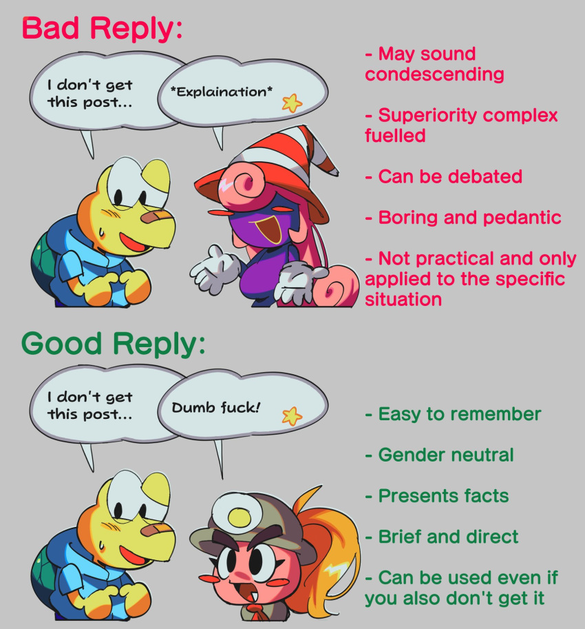 1boy, 2girls, blonde_hair, blush_stickers, colored_skin, commentary, english_commentary, english_text, fang, furry, furry_male, ghost, goombella, grey_background, hair_over_eyes, hat, highres, insult, koops, long_hair, meme, multiple_girls, open_mouth, paper_mario, paper_mario:_the_thousand_year_door, petzcatz2, pink_hair, ponytail, profanity, purple_skin, reptile_boy, simple_background, speech_bubble, striped_hat, super_mario_bros., turtle_boy, turtle_shell, typo, vivian_(paper_mario), witch_hat, you're_doing_it_wrong