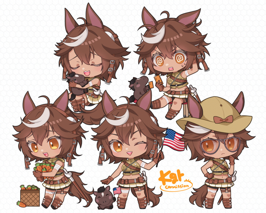 1girl, @_@, american_flag, animal_ears, brown_footwear, brown_gloves, brown_hair, brown_shirt, brown_skirt, carrot, chibi, closed_eyes, closed_mouth, dark-skinned_female, dark_skin, flag, food, gloves, hand_on_own_hip, holding, holding_carrot, holding_flag, holding_food, holding_vegetable, horse_ears, horse_girl, horse_tail, indie_virtual_youtuber, kgr, looking_at_viewer, one_eye_closed, open_mouth, shirt, short_hair, skirt, smile, solo, tail, tomoe_umari, tomoe_umari_(1st_costume), vegetable, virtual_youtuber, white_background
