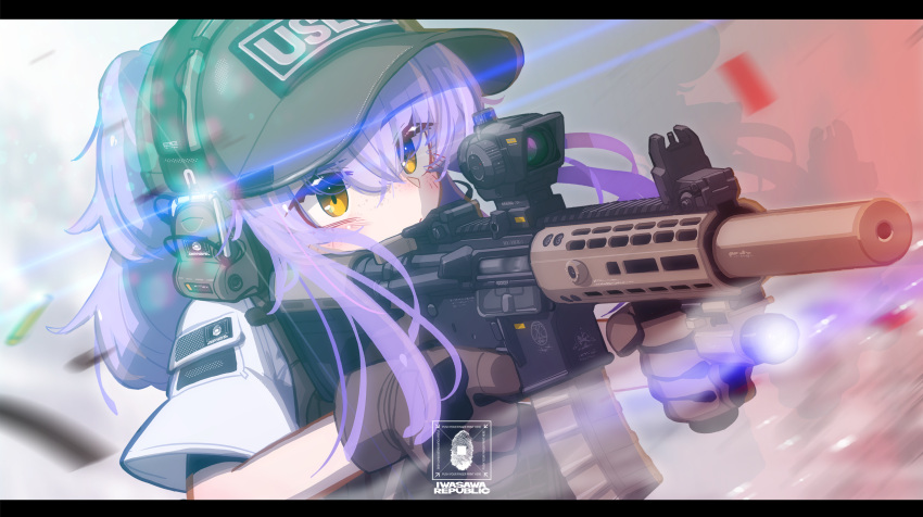 1girl, absurdres, assault_rifle, black_hat, brown_gloves, bulletproof_vest, commentary, freckles, gloves, gun, hair_between_eyes, hat, headset, highres, holding, holding_gun, holding_weapon, iwasawayuki, logo, long_hair, looking_ahead, original, purple_hair, rifle, shirt, solo, tactical_clothes, upper_body, weapon, white_shirt, yellow_eyes