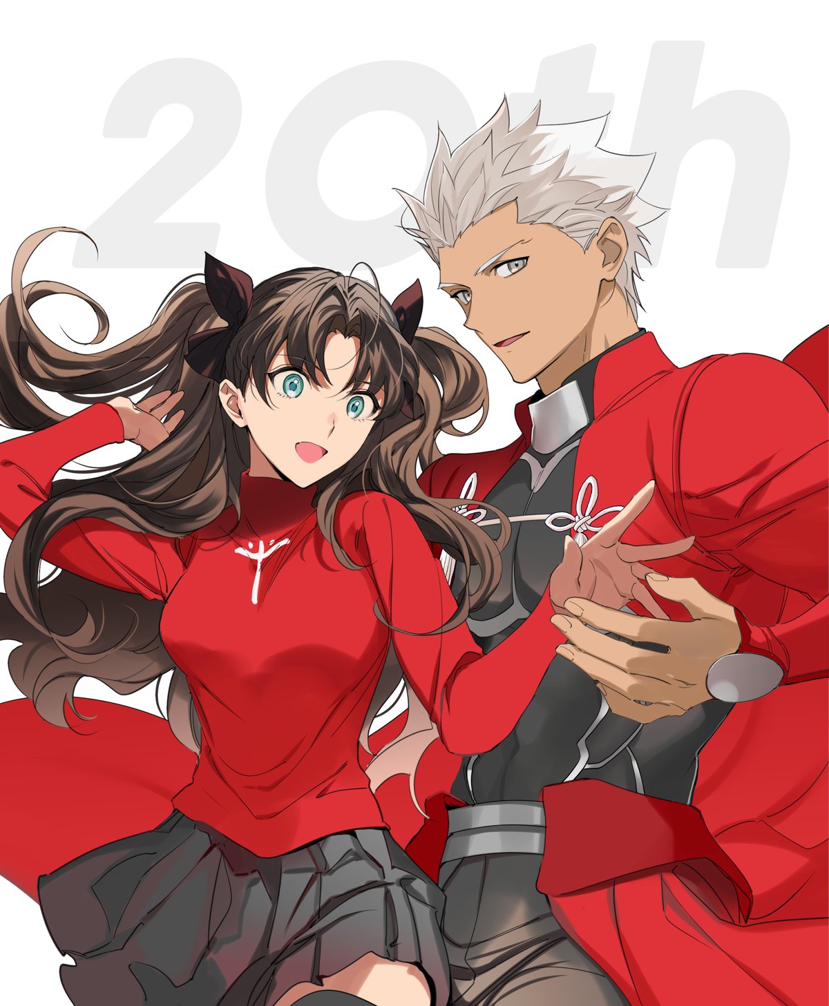 1boy, 1girl, archer_(fate), black_hair, black_skirt, black_thighhighs, blue_eyes, coat