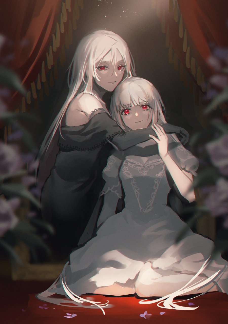 2girls, black_dress, blanche_(tensei_shitara_slime_datta_ken), demon_girl, dress, flower, highres, holding_another's_arm, long_hair, multiple_girls, petals, red_eyes, rosetta_tailor2, tensei_shitara_slime_datta_ken, testarossa_(tensei_shitara_slime_datta_ken), white_dress, white_hair
