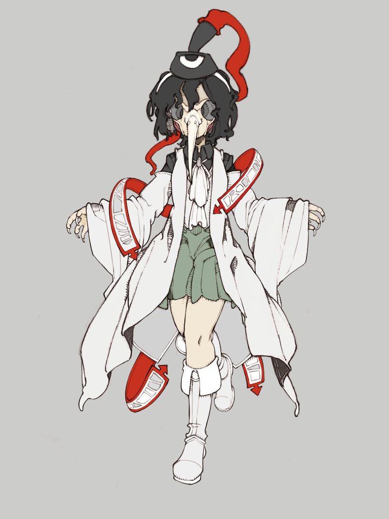 1other, androgynous, ascot, beak, black_hair, black_hat, black_shirt, bolos