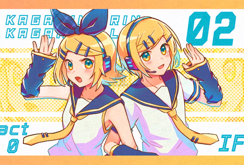 1boy, 1girl, androgynous, arm_up, bare_shoulders, blue_arm_warmers, blue_bow, blue_sailor_collar, blue_sleeves, blush, bow, breasts, collar, detached_sleeves, flat_chest, hair_bow, hair_ornament, hairclip, headphones, headset, kagamine_len, kagamine_len_(if), kagamine_rin, kagamine_rin_(if), locked_arms, looking_at_viewer, medium_hair, namazakana_yeah, narrow_waist, necktie, open_mouth, red_collar, sailor_collar, shirt, short_sleeves, sideboob, sideways_glance, skinny, sleeveless, sleeveless_shirt, small_breasts, smile, swept_bangs, tie_clip, vocaloid, white_shirt, yellow_eyes, yellow_necktie