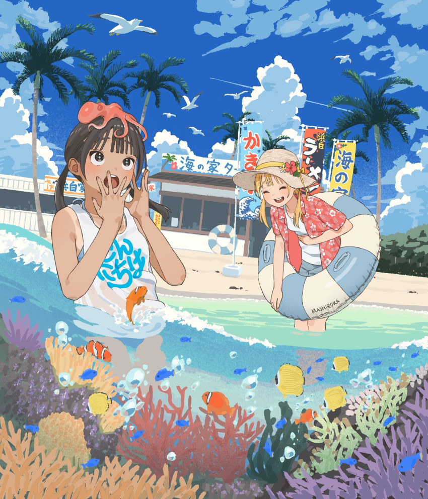 2girls, bird, black_hair, blonde_hair, blue_sky, building, closed_eyes, clouds