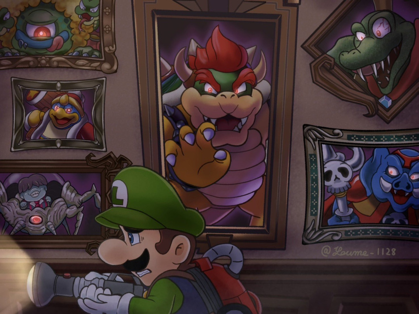 1girl, 6+boys, blue_eyes, bowser, brown_hair, cape, copyright_request, cyclops