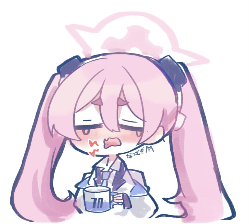 1girl, artist_name, blue_archive, blue_necktie, closed_eyes, coffee_mug, commentary_request, crying