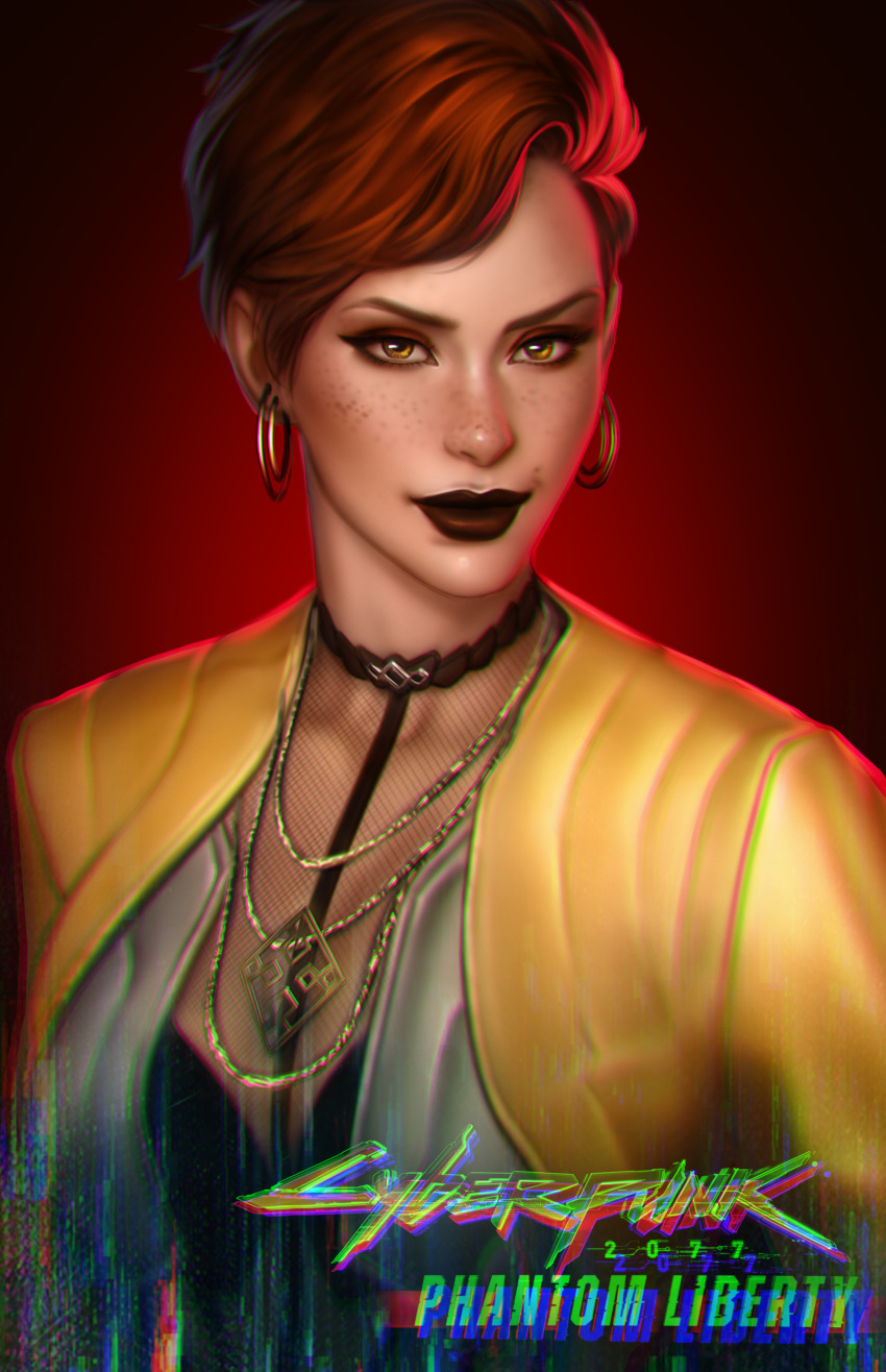 1girl, absurdres, aurore_cassel, black_corset, brown_eyes, brown_lips, chromatic_aberration, corset, cyberpunk_(series), cyberpunk_2077, earrings, english_text, fishnet_top, fishnets, gradient_background, highres, jacket, jewelry, kodiart96, logo, looking_at_viewer, necklace, open_clothes, open_jacket, red_background, redhead, short_hair, solo, upper_body, yellow_jacket
