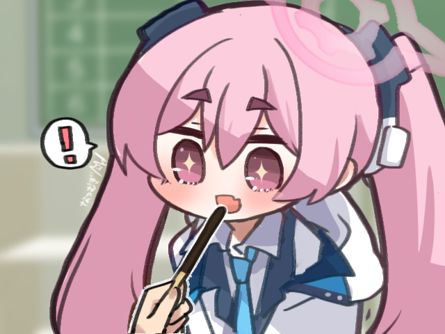 !, 1girl, artist_name, blue_archive, blue_necktie, blurry, blurry_background, blush, chalkboard, commentary_request, dress_shirt, fang, fanged_bangs, feeding, food, hair_between_eyes, hair_ornament, halo, hood, hooded_jacket, jacket, koyuki_(blue_archive), long_hair, natsu_ya_mugi, necktie, out_of_frame, pink_eyes, pink_hair, pink_halo, pocky, shirt, short_eyebrows, signature, skin_fang, solo_focus, spoken_exclamation_mark, star-shaped_pupils, star_(symbol), symbol-shaped_pupils, thick_eyebrows, twintails, two-sided_fabric, two-sided_jacket, white_jacket