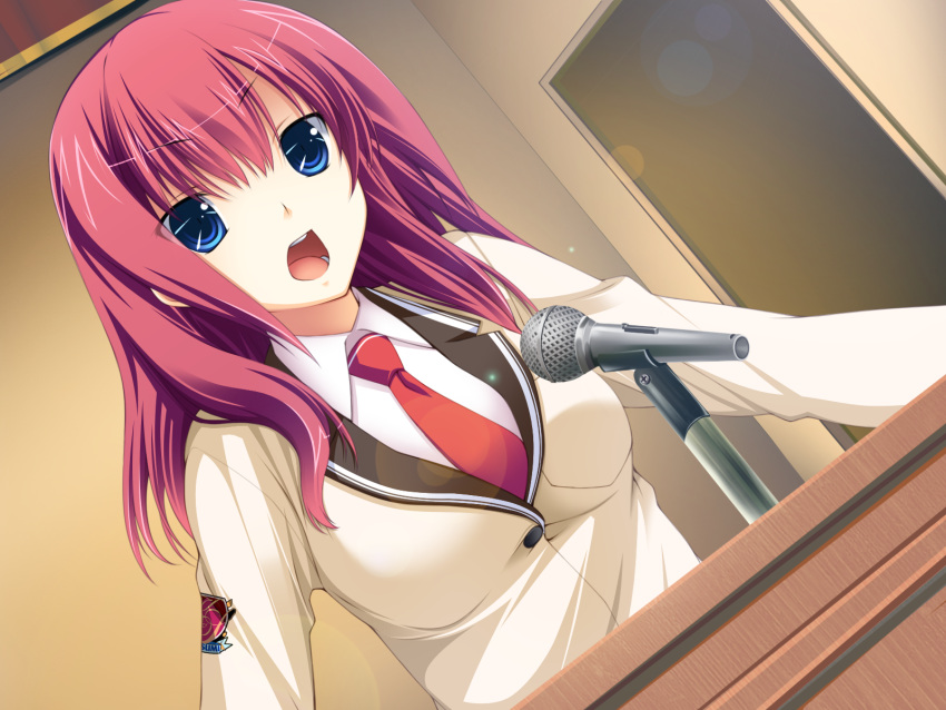 blue_eyes, futsu_janai, game_cg, microphone, necktie, red_hair, redhead, sakurazaki_kotoko