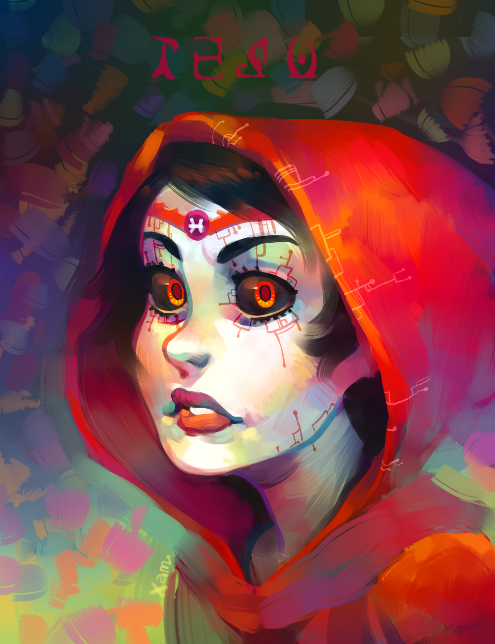 1girl, black_hair, black_sclera, circlet, circuit_board_print, colored_sclera, colored_skin, commentary