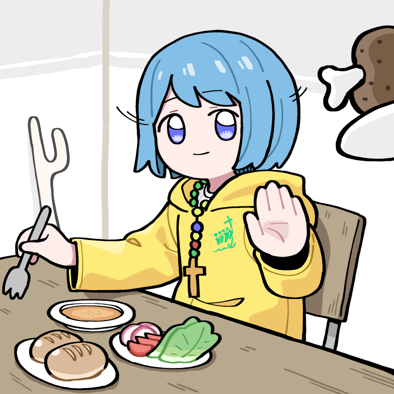 1girl, blue_hair, boned_meat, bread, chair, closed_mouth, cross, food