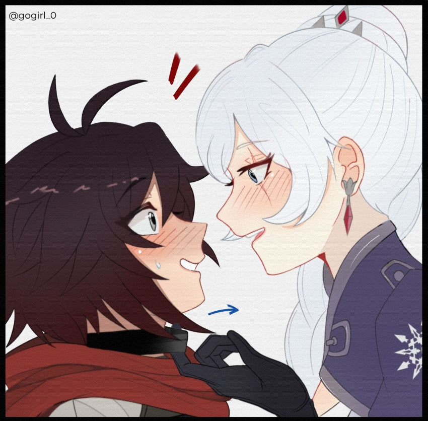 2girls, black_border, black_gloves, black_hair, blue_eyes, blush, border, choker_pull, commentary, earrings, english_commentary, from_side, gloves, gogirl_0, grey_background, highres, jewelry, multiple_girls, parted_lips, profile, red_scarf, redhead, ruby_rose, rwby, scar, scar_across_eye, scarf, short_hair, simple_background, smile, sweatdrop, twitter_username, weiss_schnee, white_hair, yuri