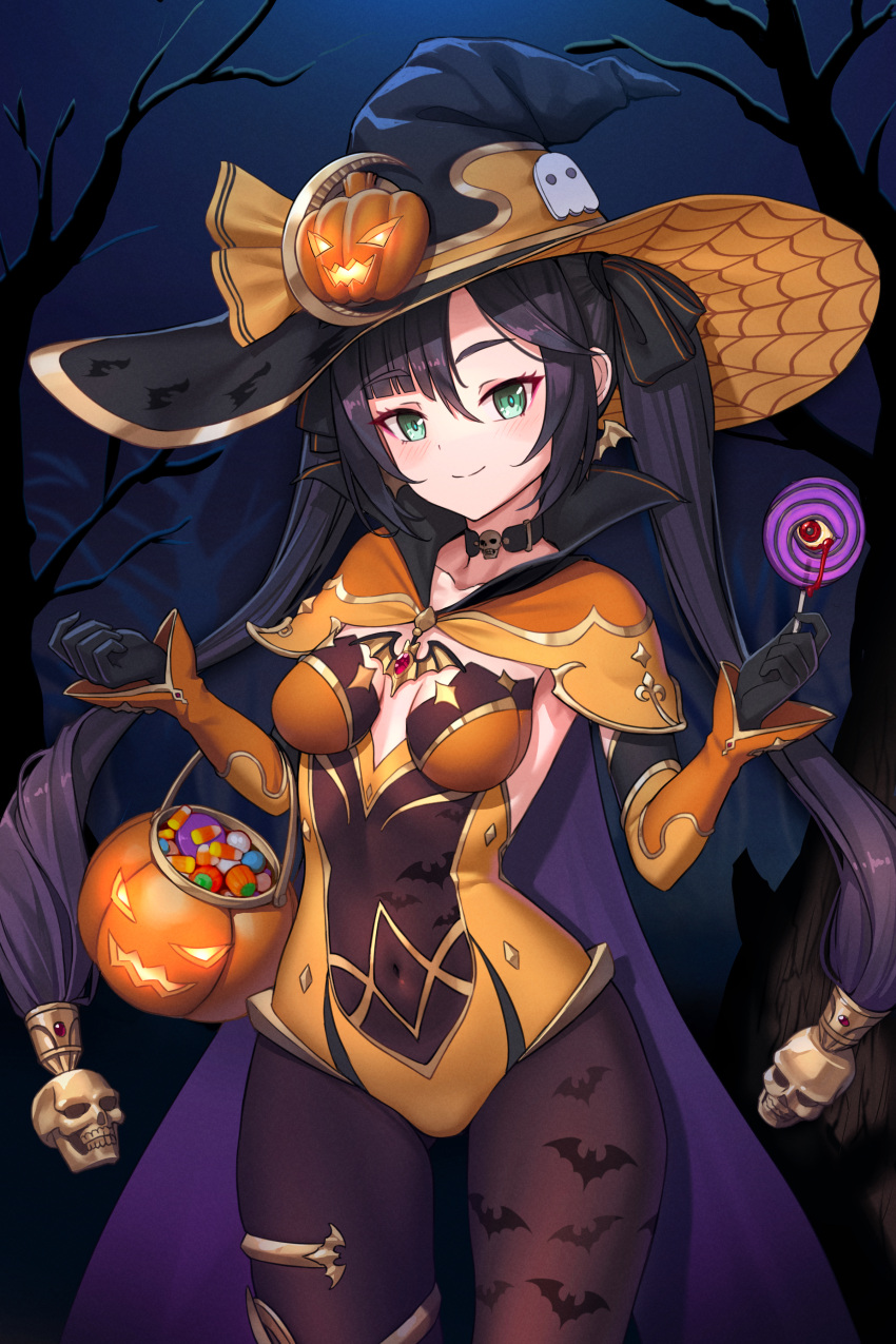 1girl, absurdres, adapted_costume, animal_print, bat_print, black_choker, black_hair, black_hat, black_ribbon, bodystocking, breasts, candy, choker, closed_mouth, collarbone, covered_navel, cowboy_shot, detached_sleeves, earrings, food, genshin_impact, gloves, gold_trim, hair_ornament, hair_ribbon, halloween, halloween_bucket, halloween_costume, hat, hat_ornament, high_collar, highres, holding, holding_food, jack-o'-lantern, jewelry, kapa_draws, leotard, light_blush, lollipop, long_hair, looking_at_viewer, medium_breasts, mona_(genshin_impact), night, orange_hat, orange_leotard, ponytail_holder, ribbon, skull_choker, skull_hair_ornament, smile, solo, star_(symbol), star_earrings, swirl_lollipop, thighlet, tree, trick_or_treat, twintails, two-tone_headwear, witch, witch_hat