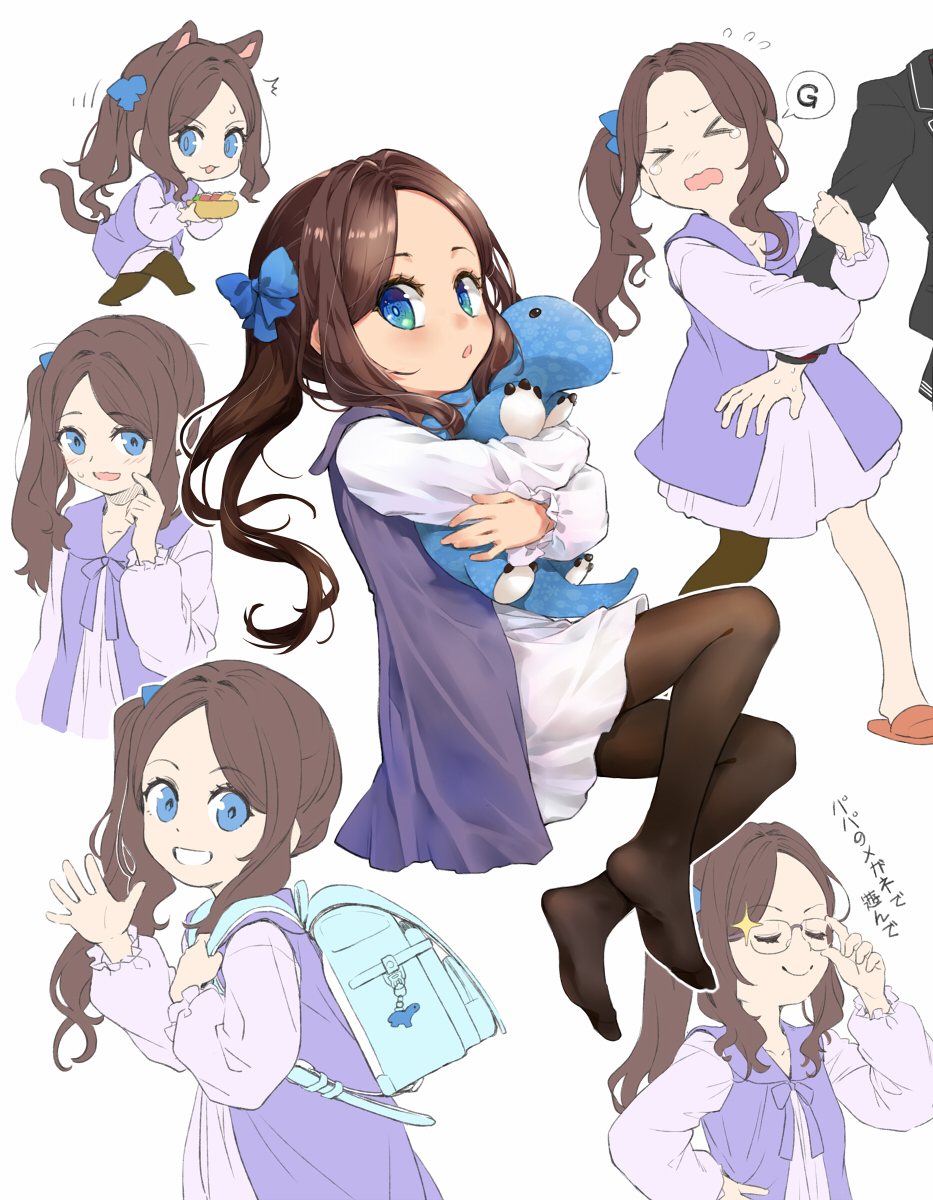 >_<, 1girl, 1other, animal_ears, arm_hug, backpack, bag, black_pantyhose