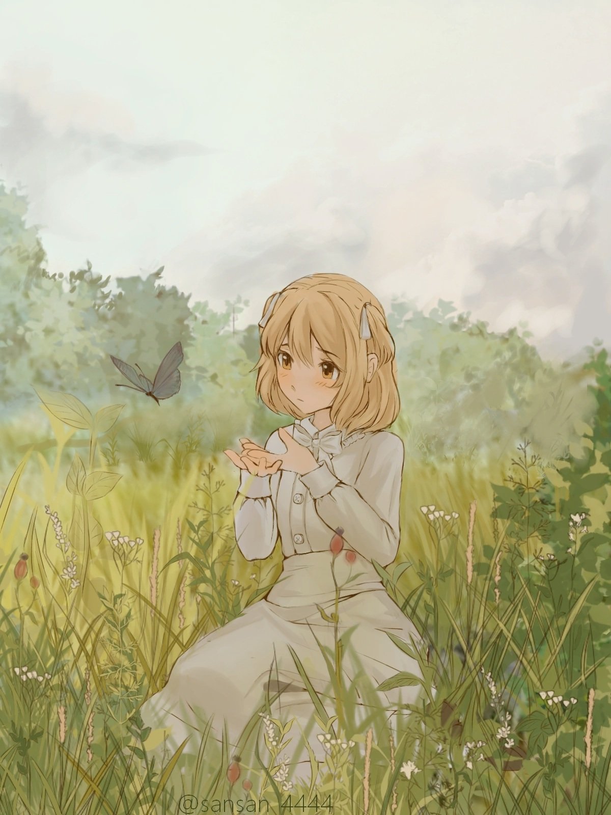 1girl, aged_down, akita_neru, blue_butterfly, bow, bug, bush, butterfly, buttons, clouds, cloudy_sky, collar, dress, evillious_nendaiki, faux_traditional_media, field, flower, flower_field, foliage, frilled_collar, frilled_dress, frills, grass, grey_sky, hair_ribbon, highres, kneeling, light_blush, long_dress, long_sleeves, medium_hair, ney_phutapie, ribbon, sansan_4444, short_twintails, sky, solo, twintails, vocaloid, weeds, white_bow, white_dress, yellow_eyes