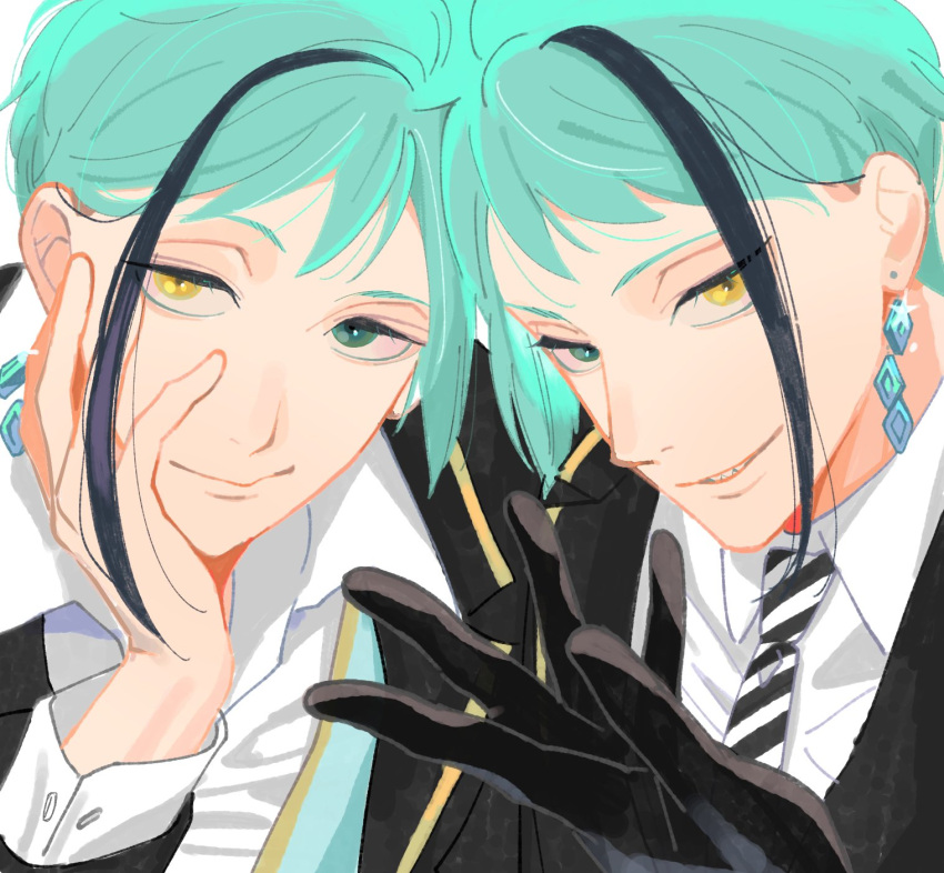 2boys, arms_up, black_gloves, black_jacket, brothers, closed_mouth, collared_shirt, ear_piercing